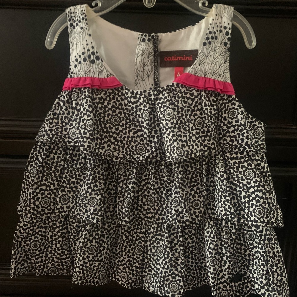 Catimini Black and White Floral Kids Top with Pink Accents